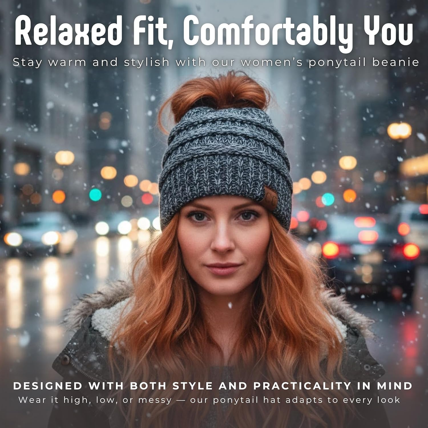 Ponytail Beanie for Women - Winter Hat Soft Stretch Cable Knit High Pony Tail Womens Running Hats