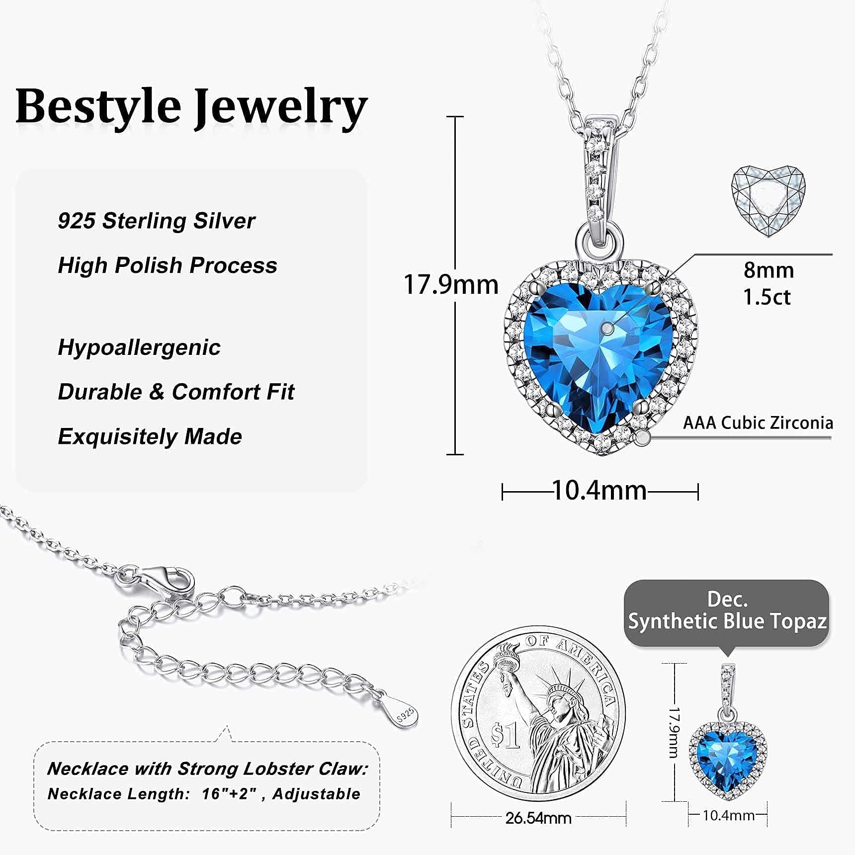 December Synthetic Turquoise Birthstone Necklaces Women Pure 925 Sterling Silver Love Heart Pendant Wedding Graduation Gifts for Wife Mom Daughter