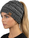 Ponytail Beanie for Women - Winter Hat Soft Stretch Cable Knit High Pony Tail Womens Running Hats