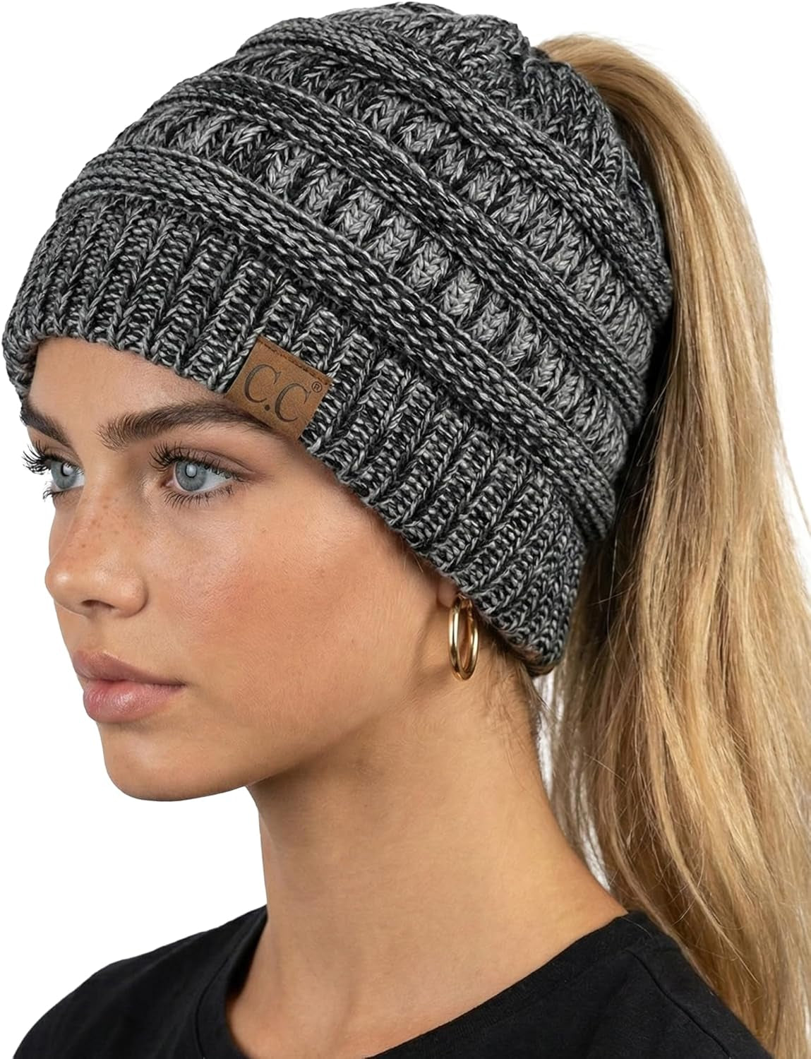 Ponytail Beanie for Women - Winter Hat Soft Stretch Cable Knit High Pony Tail Womens Running Hats