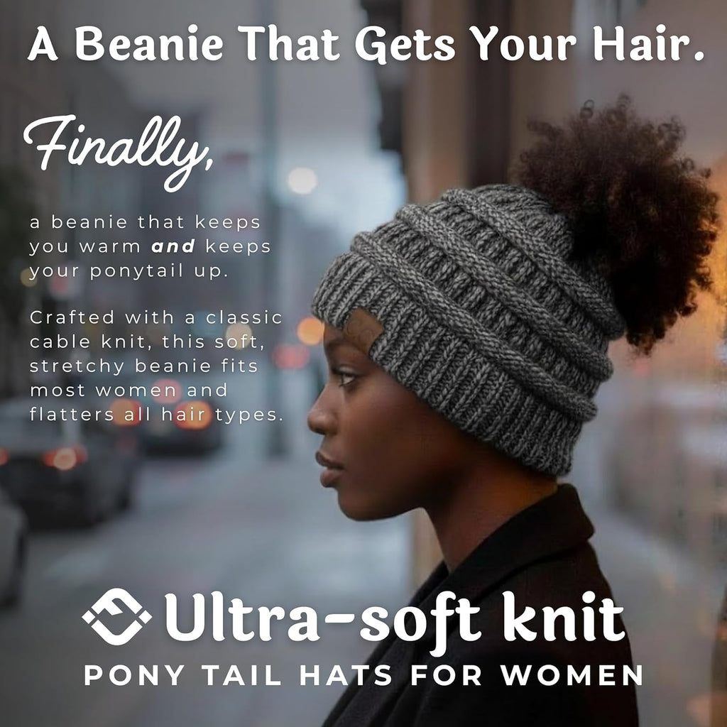 Ponytail Beanie for Women - Winter Hat Soft Stretch Cable Knit High Pony Tail Womens Running Hats