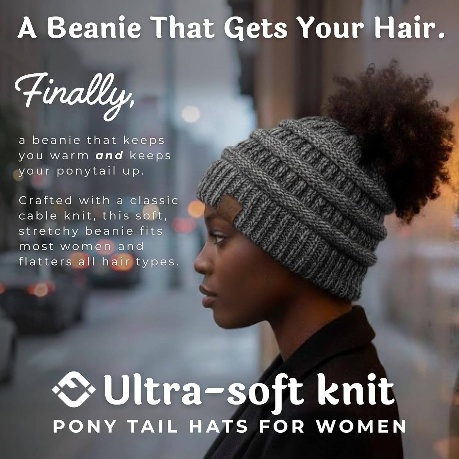 Ponytail Beanie for Women - Winter Hat Soft Stretch Cable Knit High Pony Tail Womens Running Hats