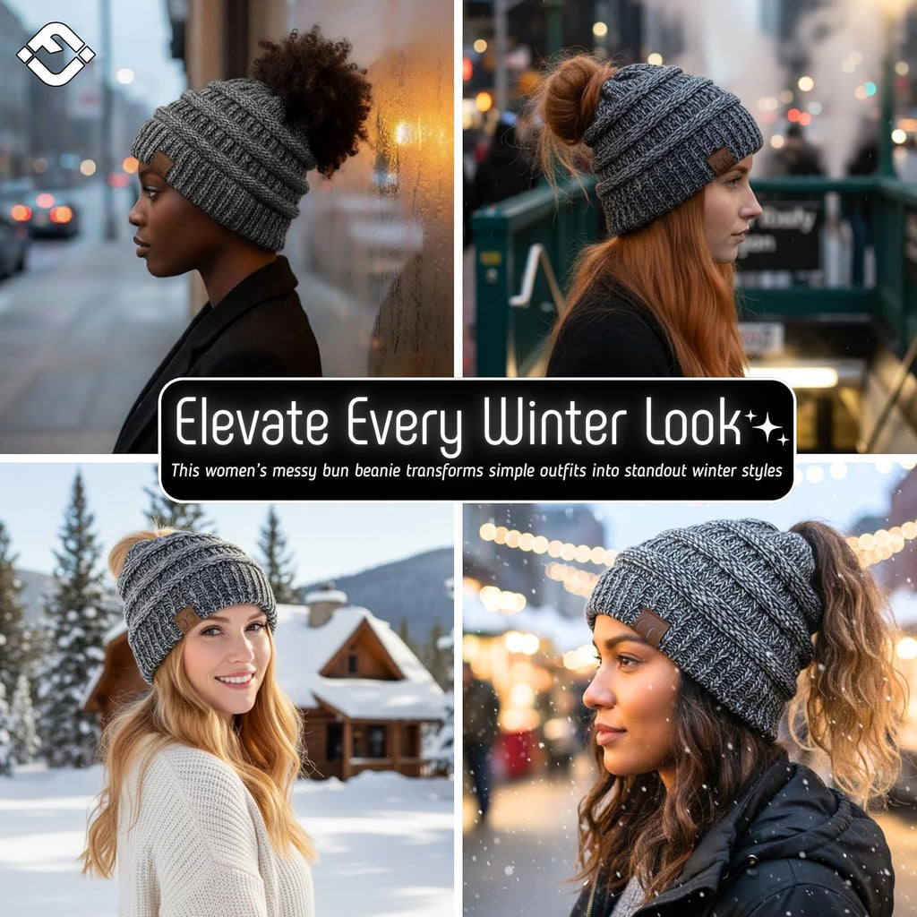 Ponytail Beanie for Women - Winter Hat Soft Stretch Cable Knit High Pony Tail Womens Running Hats