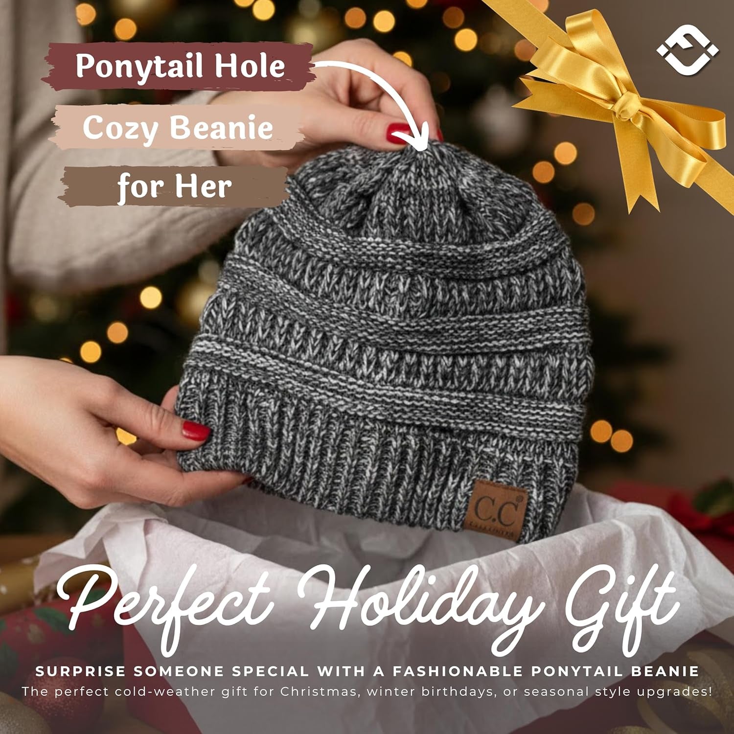 Ponytail Beanie for Women - Winter Hat Soft Stretch Cable Knit High Pony Tail Womens Running Hats
