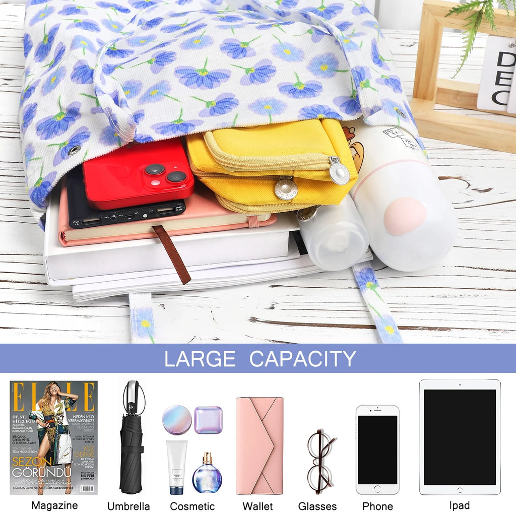Corduroy Tote Bag Large for Women Girl Lady Canvas Shoulder Cord Purse with Inner Pocket