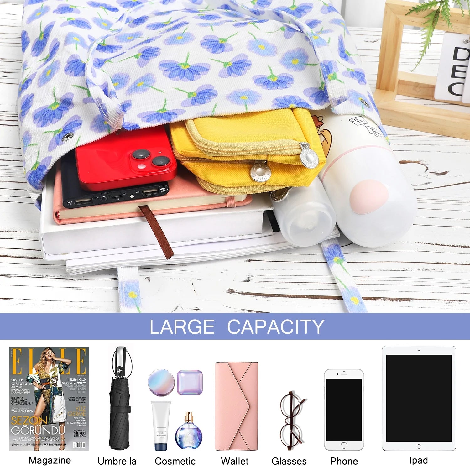 Corduroy Tote Bag Large for Women Girl Lady Canvas Shoulder Cord Purse with Inner Pocket