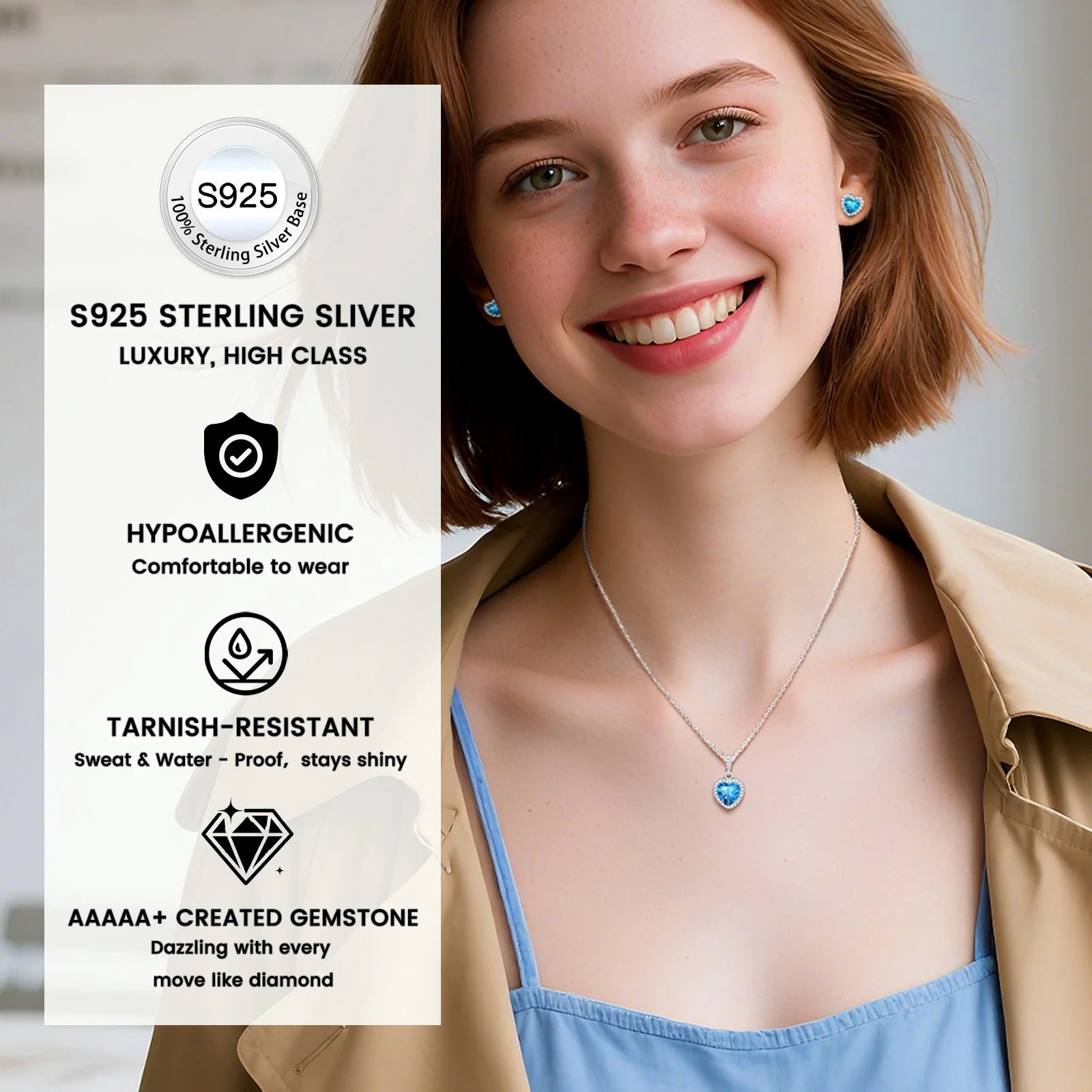 December Synthetic Turquoise Birthstone Necklaces Women Pure 925 Sterling Silver Love Heart Pendant Wedding Graduation Gifts for Wife Mom Daughter