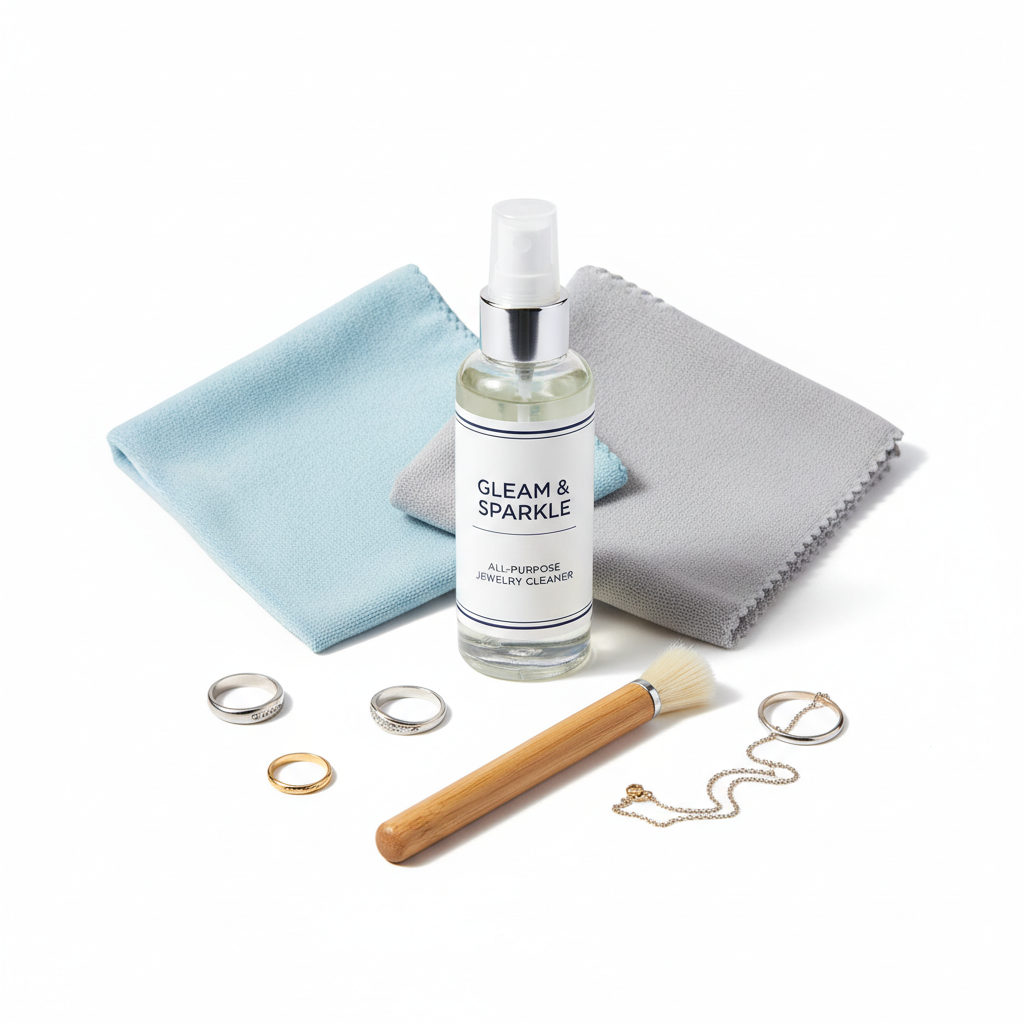 All-purpose jewelry cleaning kit with cleaner solution and polishing cloths